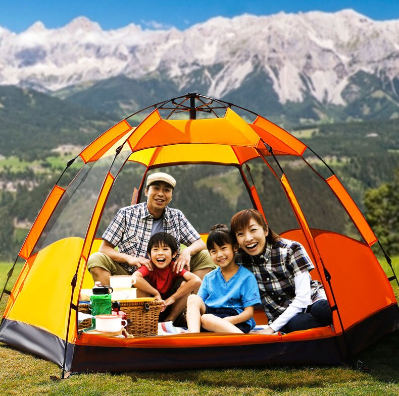 Cheap Goat Tents Outdoor Camping Climbing 3 5 People Automatic Quick Open Hexagonal Tent Double Layer Thickened Rainproof Ventilate Hall Design   